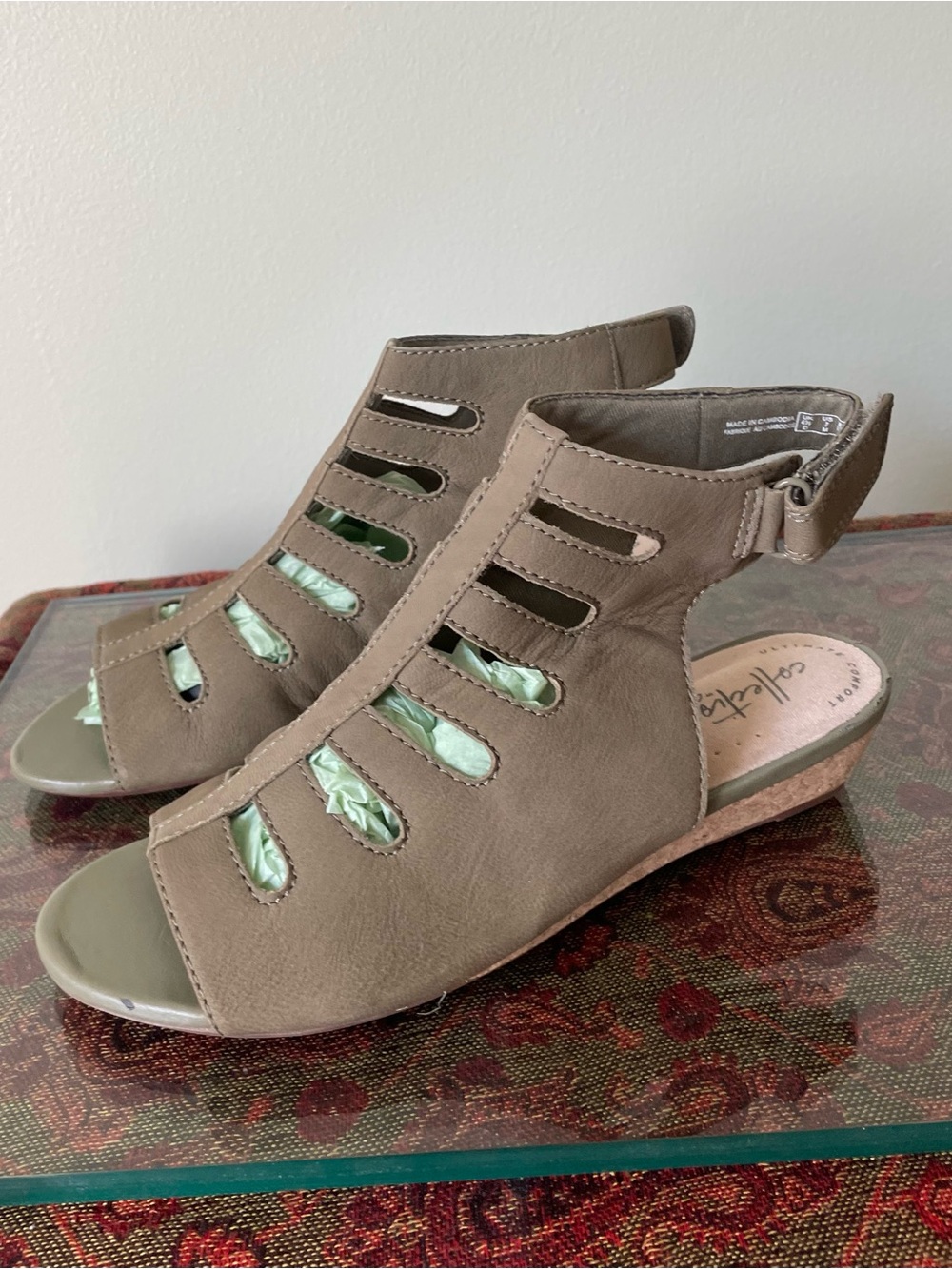 Clarks Olive-Taupe Cutout Wedge Sandals size 7 never worn